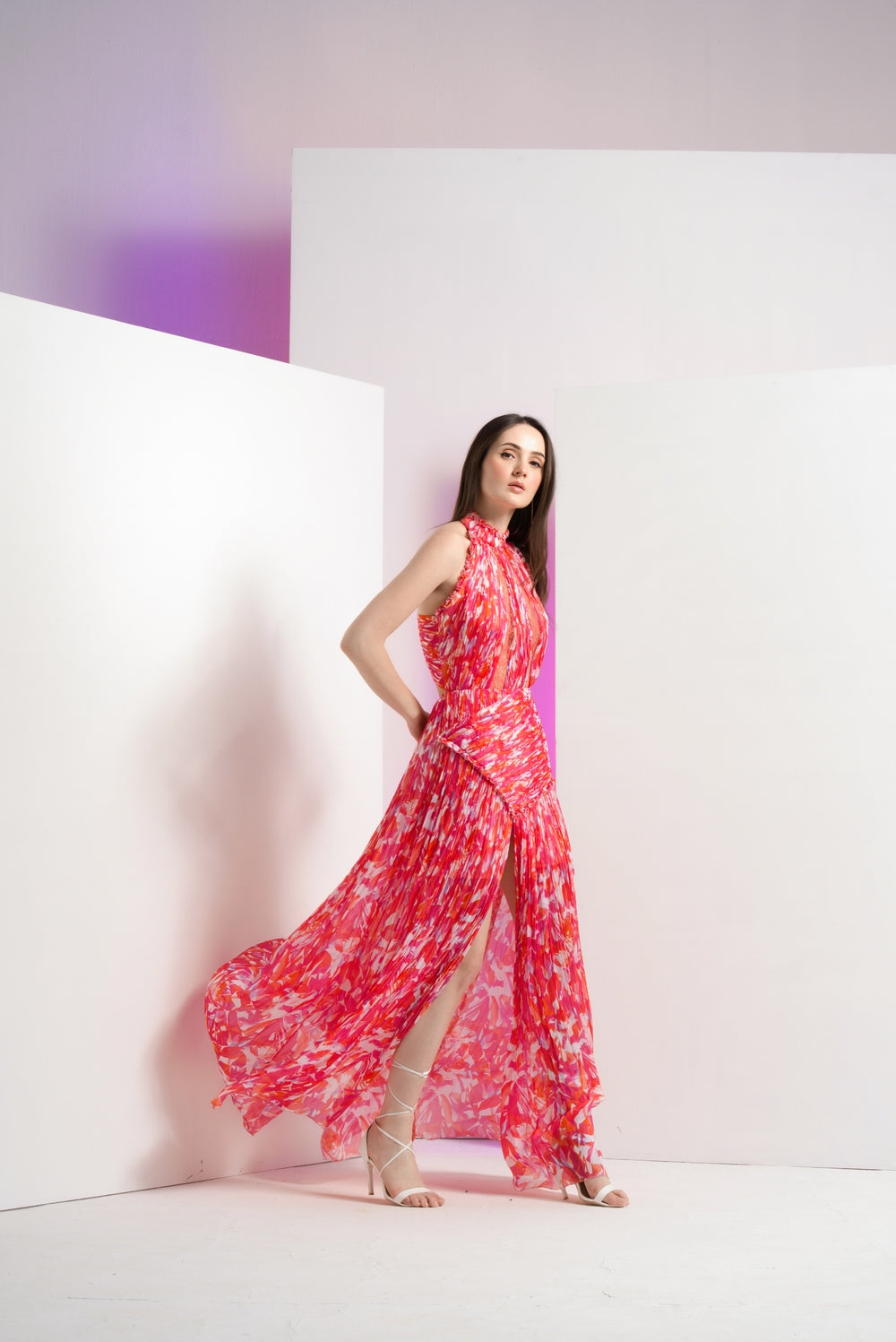 Pink geometric chaos full length dress with stylized back