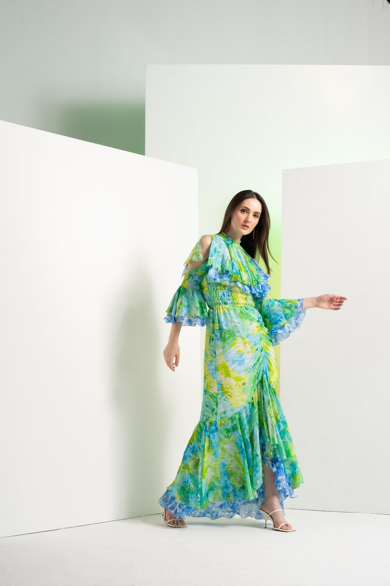 Floral camo fluorescent maxi dress