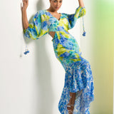 Matched Floral Camo Asymmetric Maxi Dress