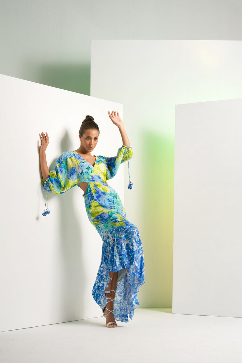 Matched floral camo asymmetric maxi dress