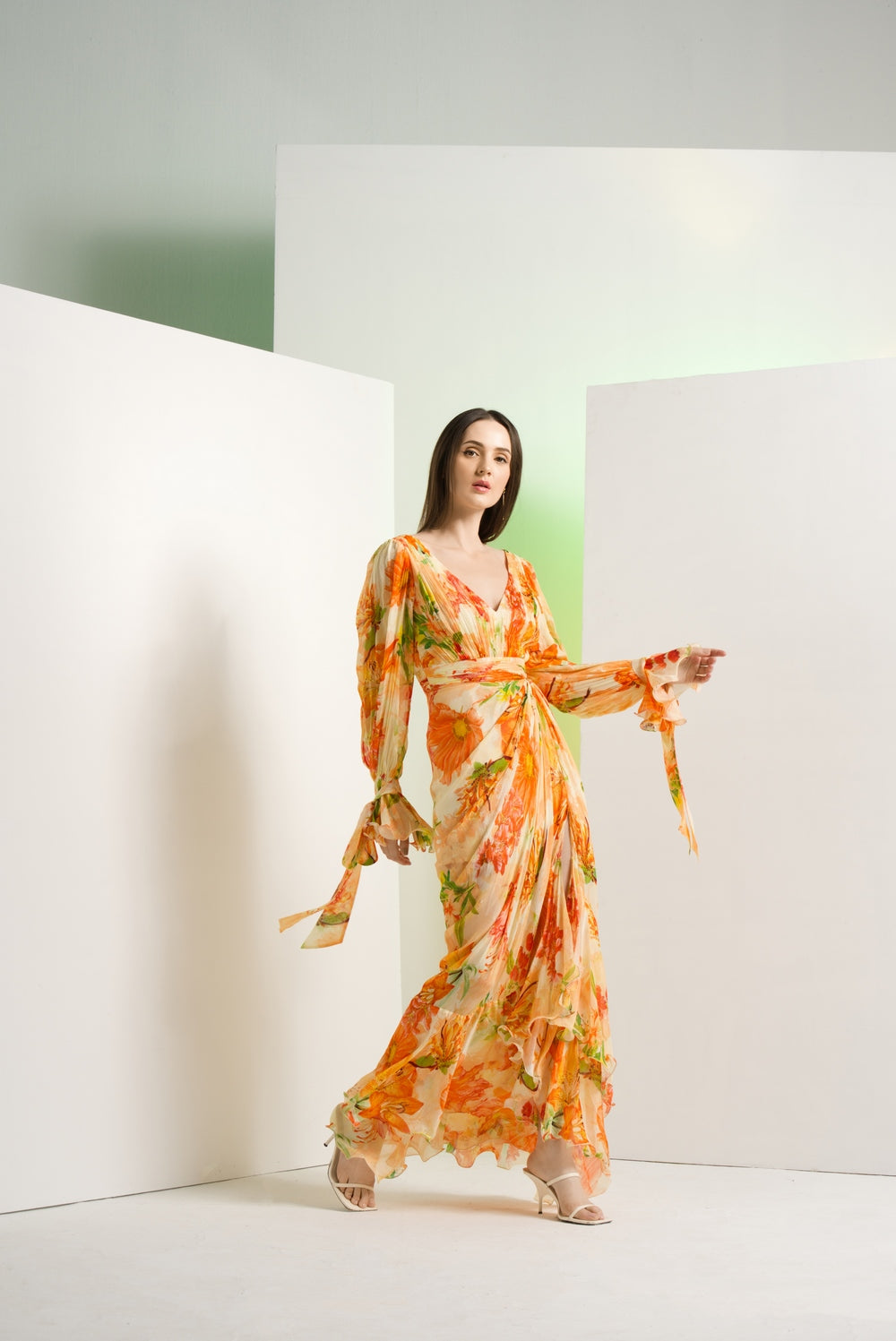 Orange lilium chffon dress with waist buckle details