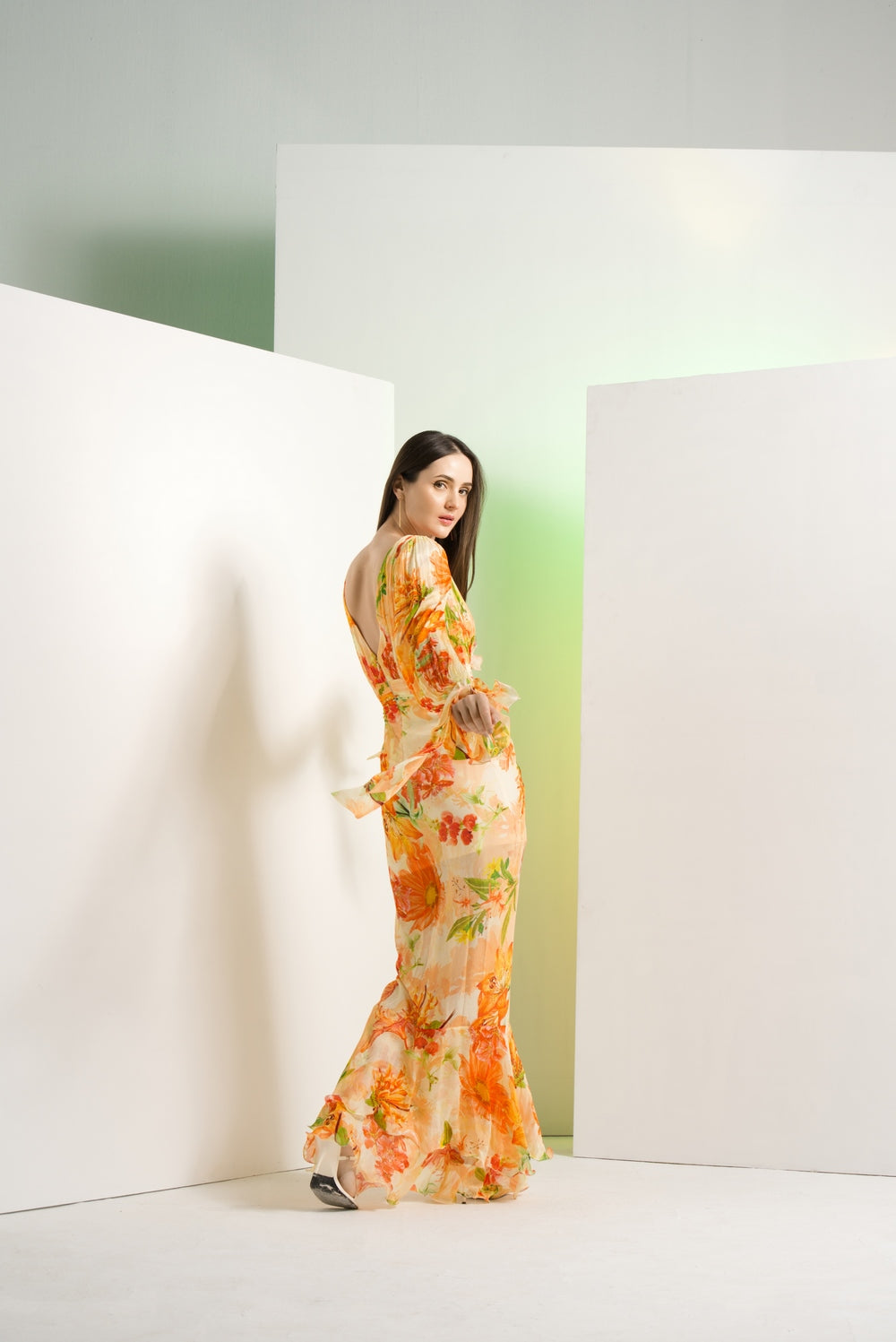 Orange lilium chffon dress with waist buckle details