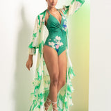 Green Bodysuit With Tiered Cape
