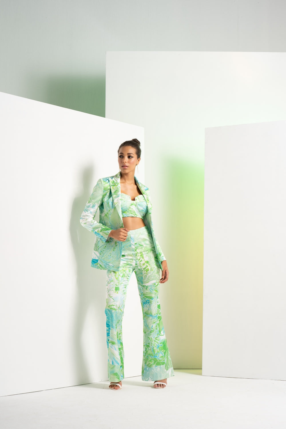 Green raw crystal pant satin suit with bustier