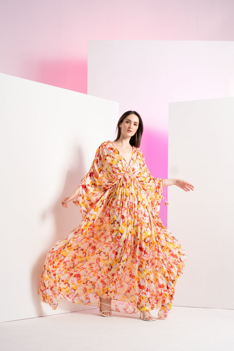Yellow geometric kaftan maxi dress