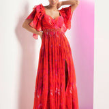 Poppy Red Pleated Maxi Dress