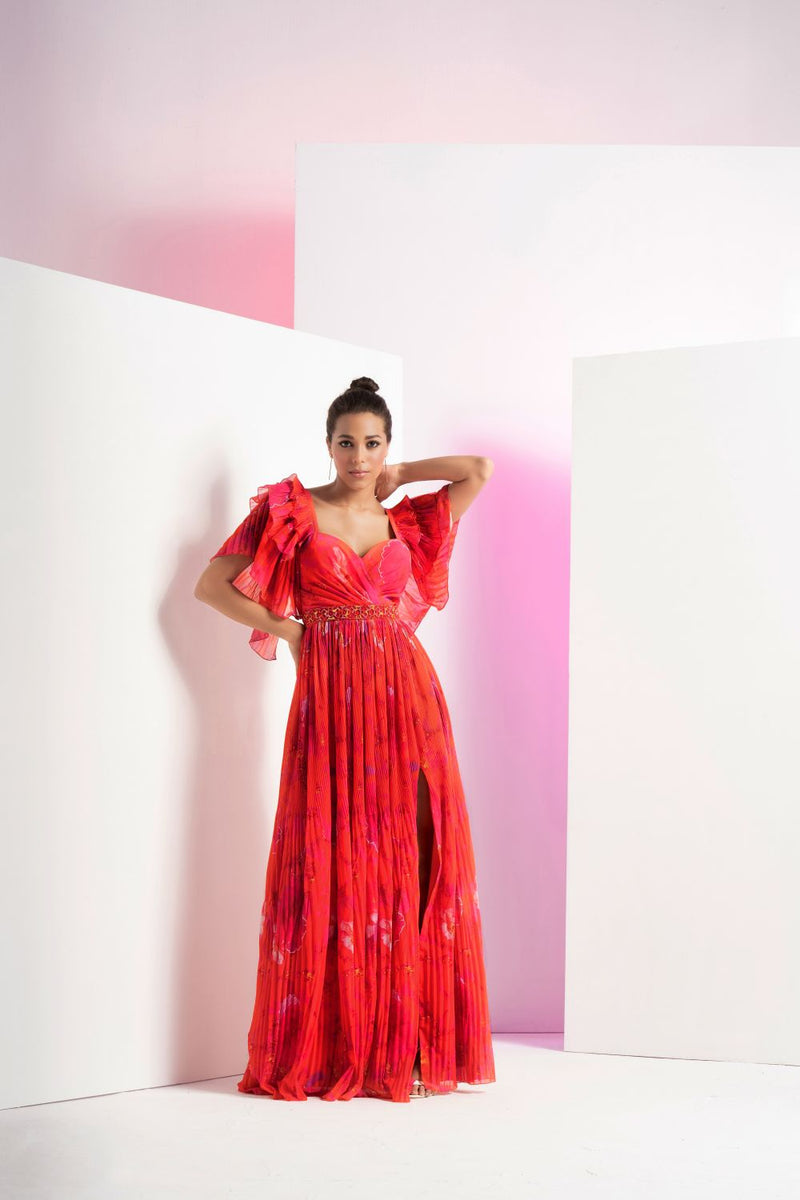 Poppy Red Pleated Maxi Dress