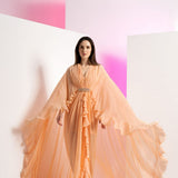 Salmon Pink Pleated Frilled Cape Gown