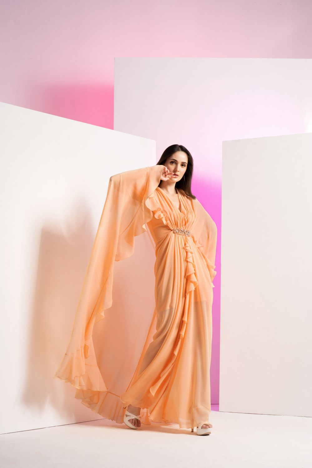 Salmon Pink Pleated Frilled Cape Gown