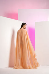 Salmon Pink Pleated Frilled Cape Gown