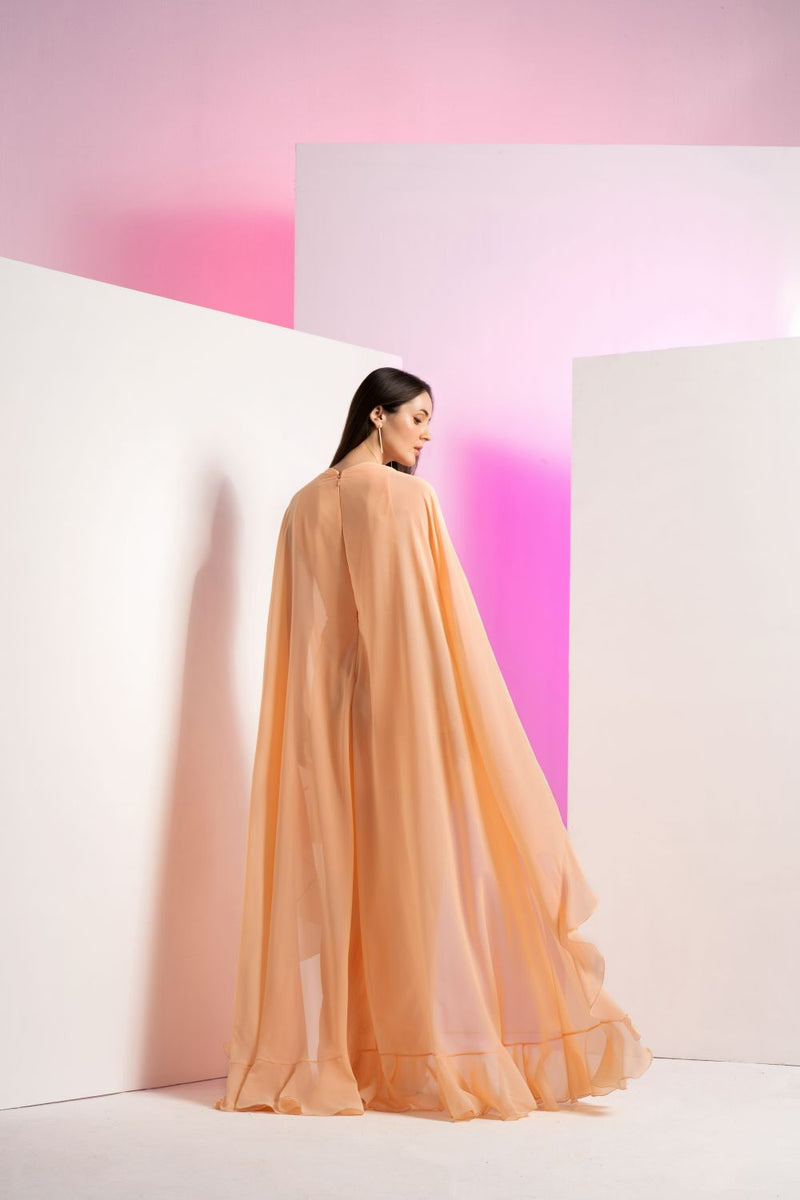 Salmon Pink Pleated Frilled Cape Gown