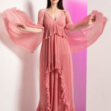 Peach Pleated Maxi Dress with Pearl