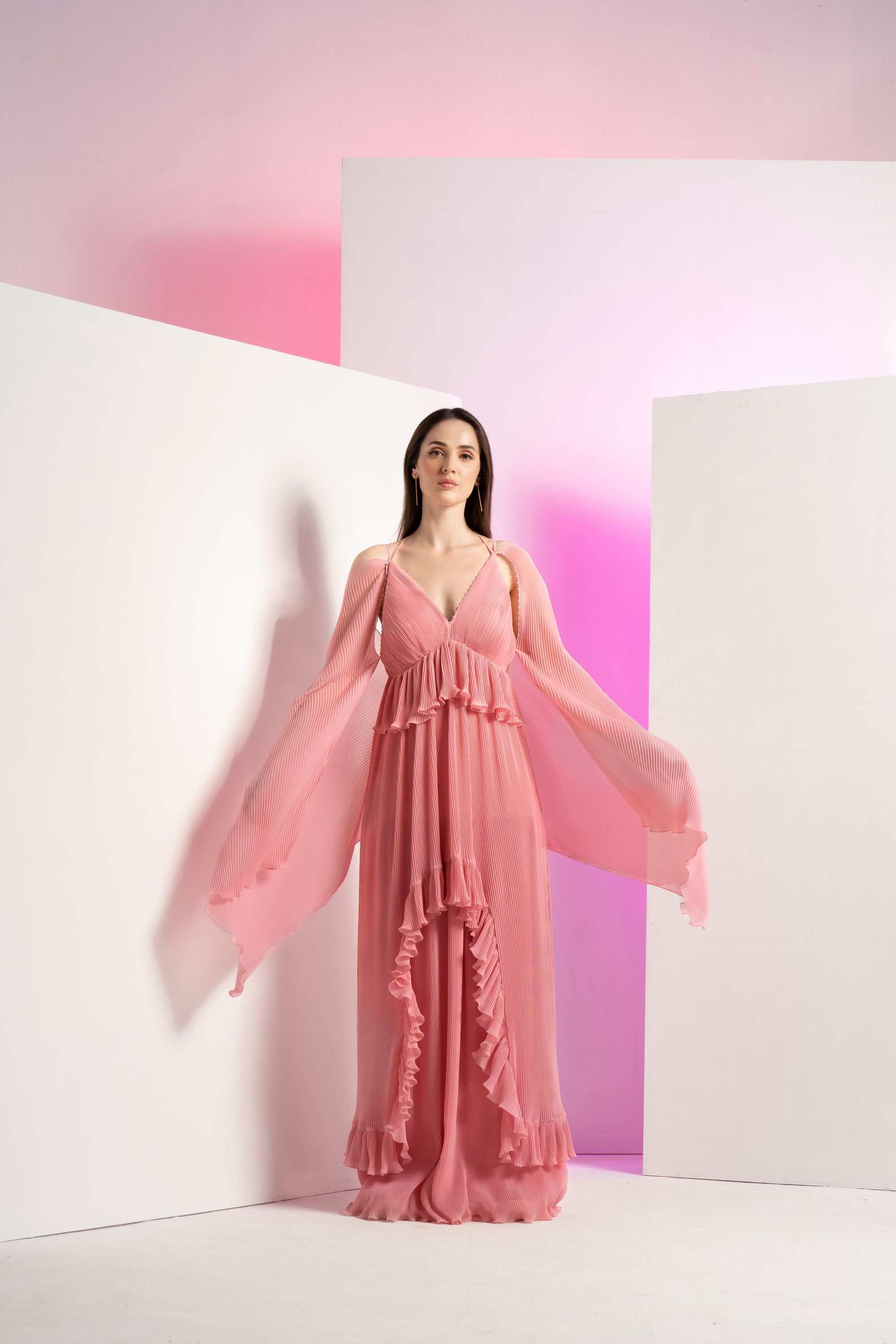 Peach Pleated Maxi Dress with Pearl