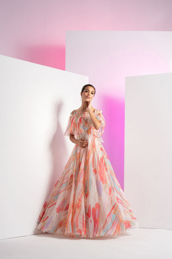 Floaty Marble Embroidered Off-shoulder Gown