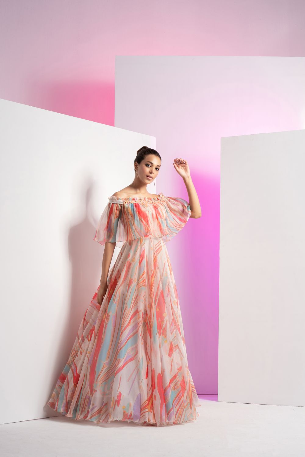 Floaty Marble Embroidered Off-shoulder Gown #RTS
