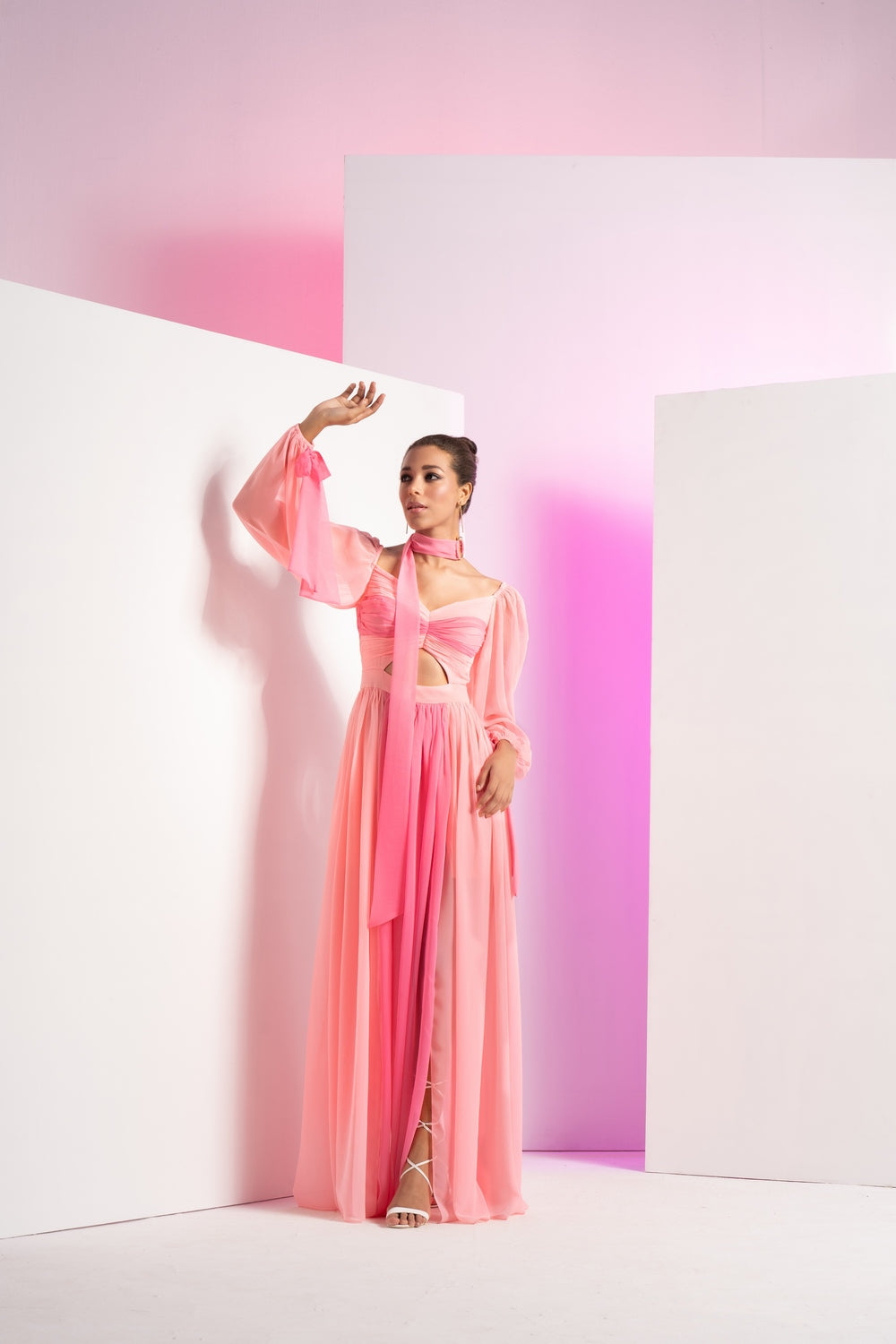 Fondant pink long dress with sleeve tie-up and front slit in skirt #RTS
