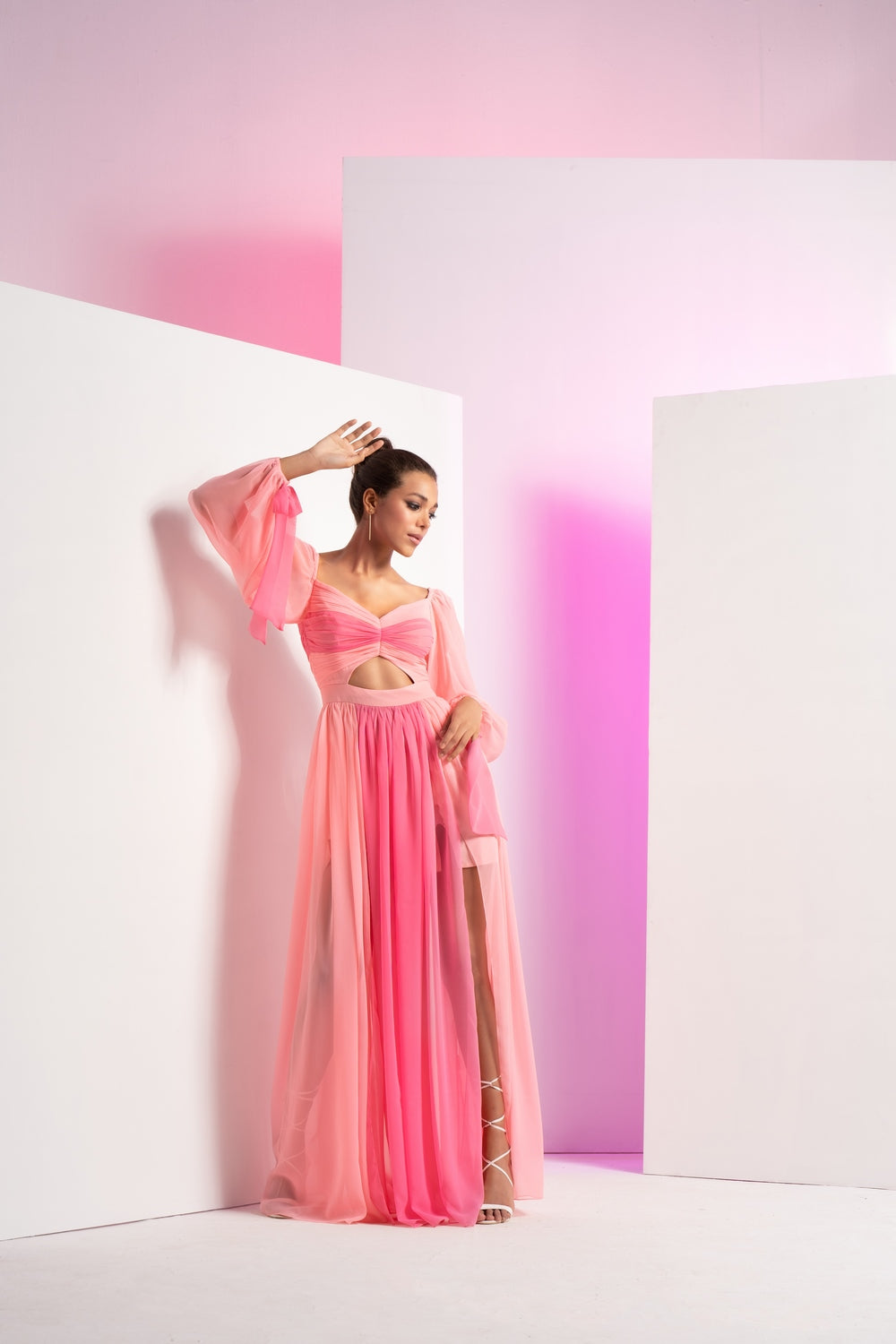 Fondant pink long dress with sleeve tie-up and front slit in skirt