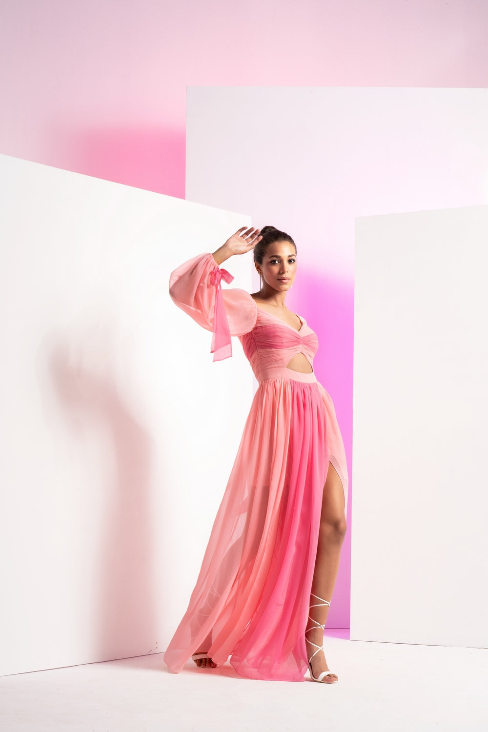 Fondant pink long dress with sleeve tie-up and front slit in skirt