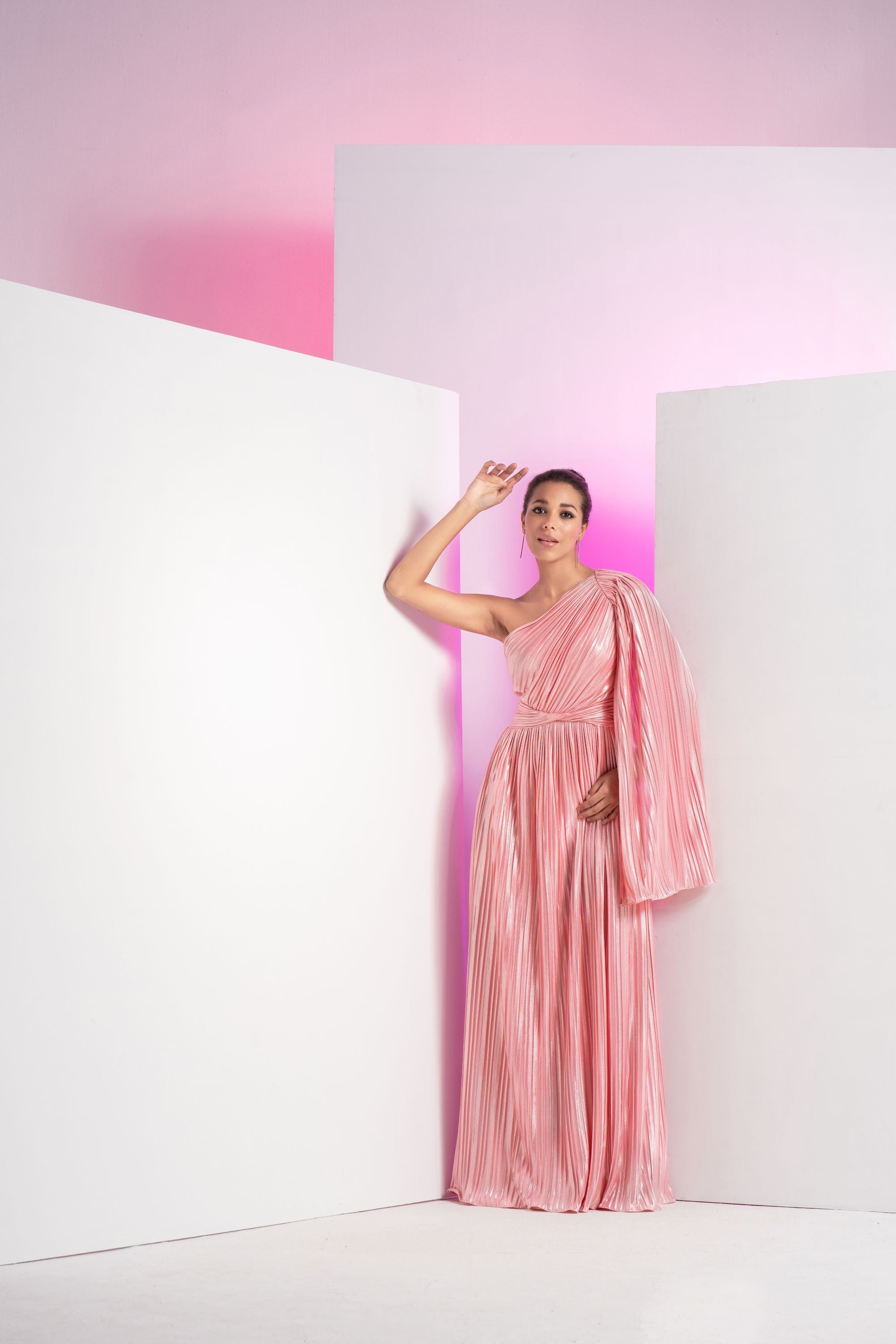Flamingo Pink One Side Shoulder Pleated Maxi Dress