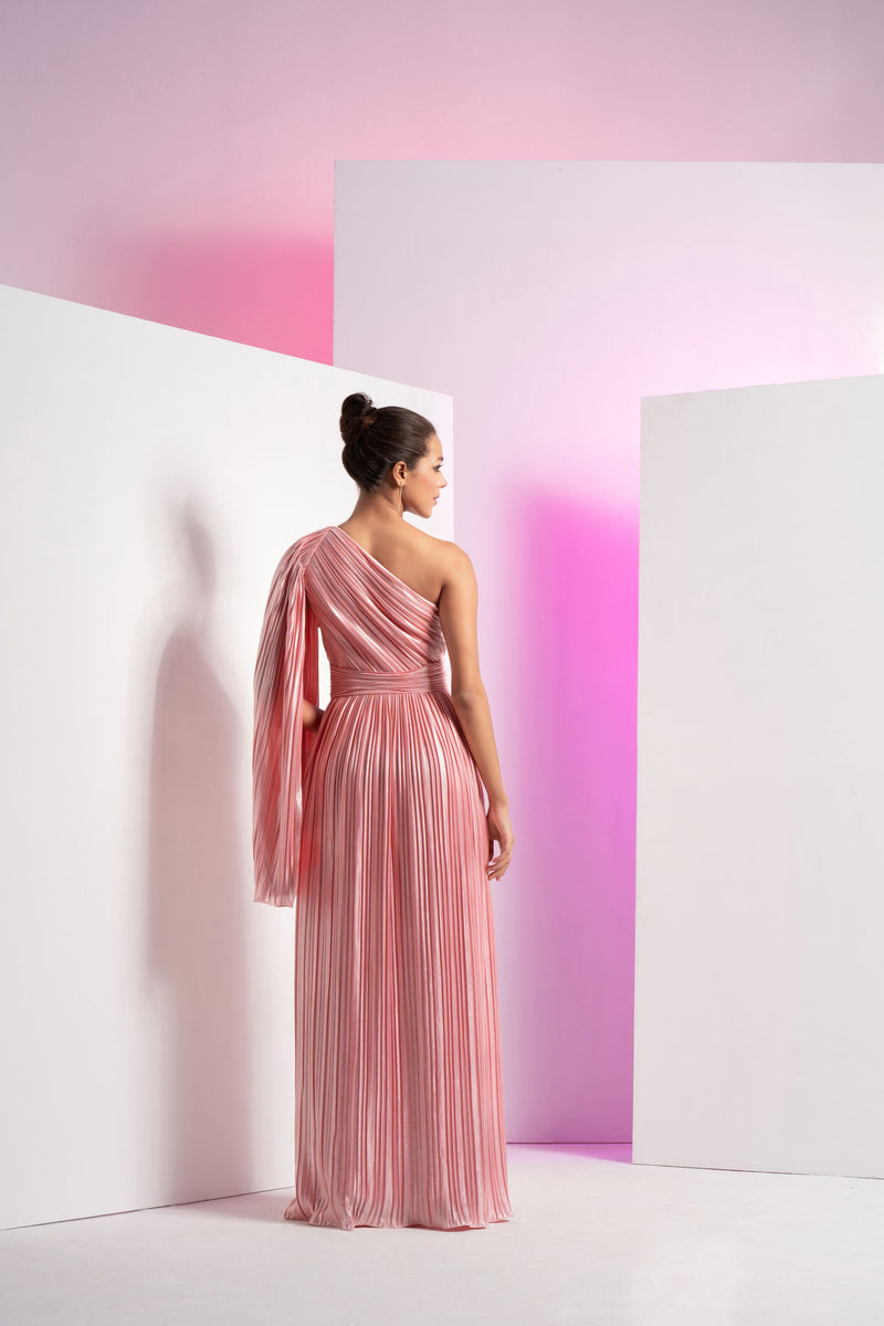 Flamingo Pink One Side Shoulder Maxi Dress