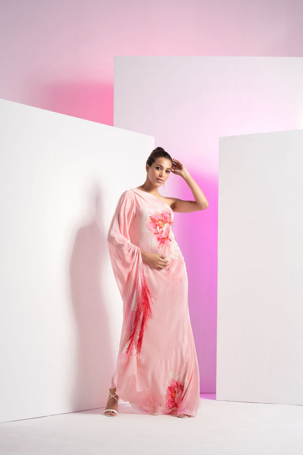 Pink Flutter Crepe Off-shoulder Maxi Dress