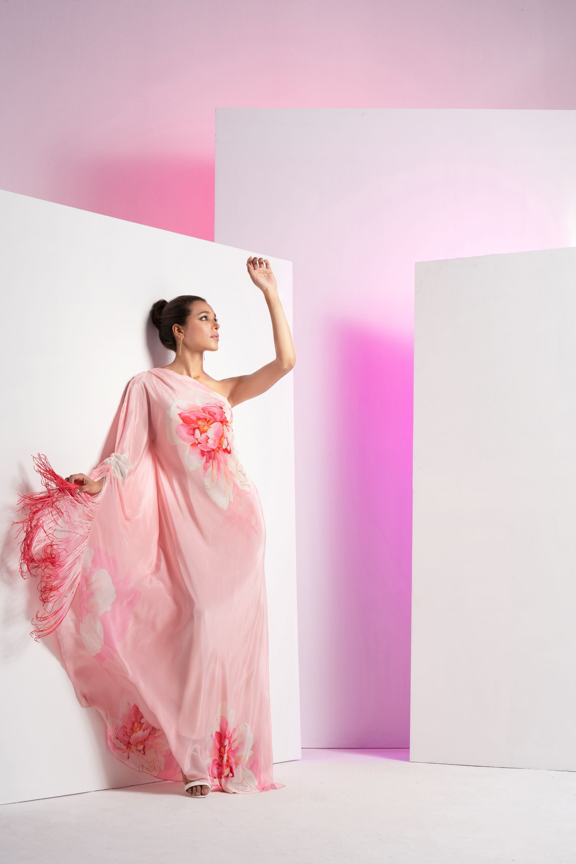 Pink Flutter Crepe Off-shoulder Maxi Dress