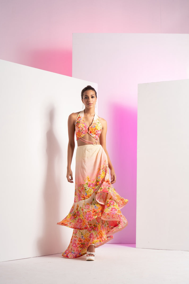 Ivory dainty floret asymmetric maxi dress