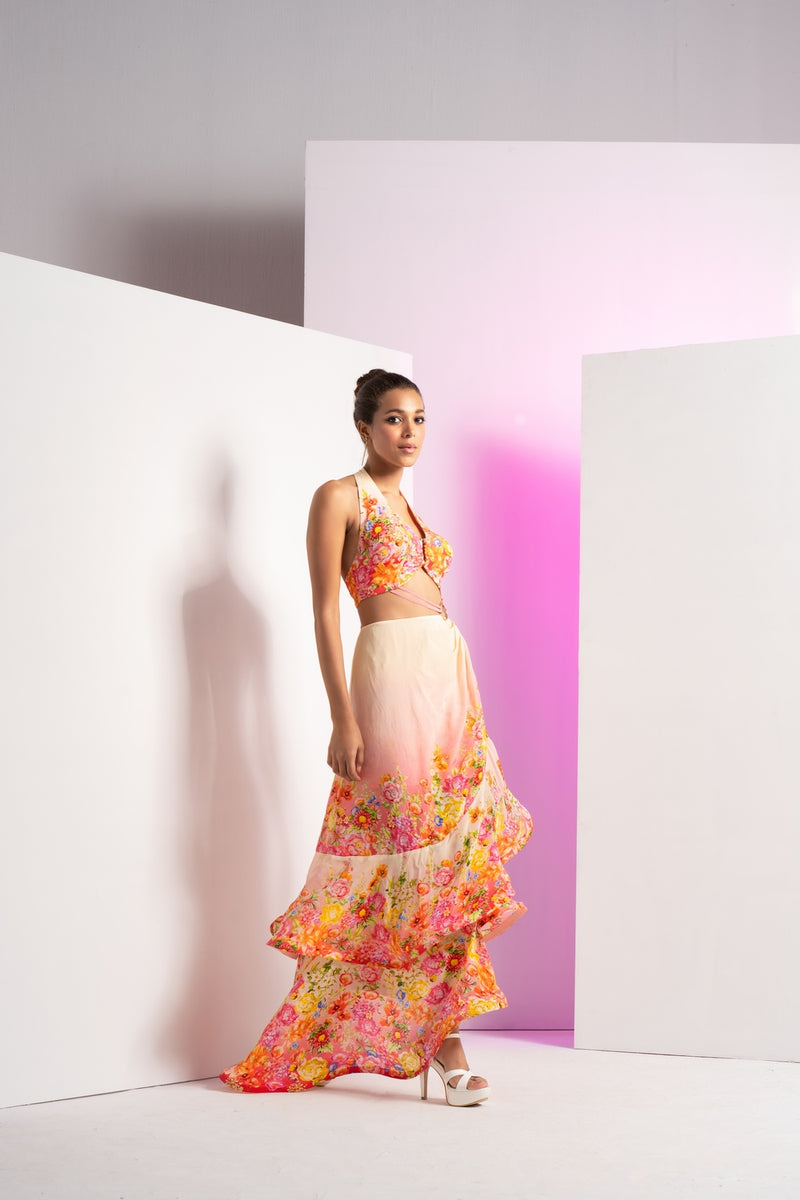 Ivory dainty floret asymmetric maxi dress