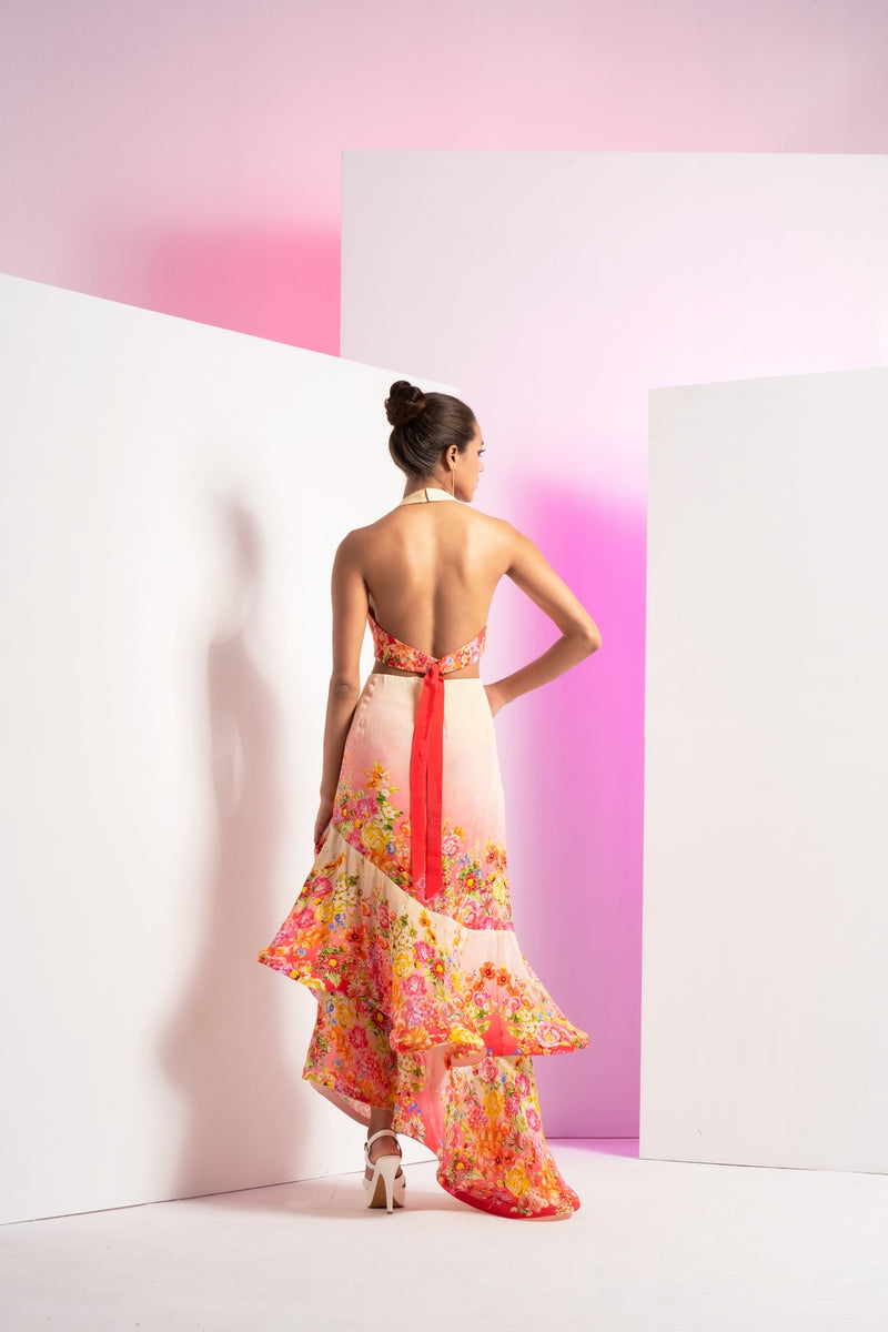 Ivory dainty floret asymmetric maxi dress