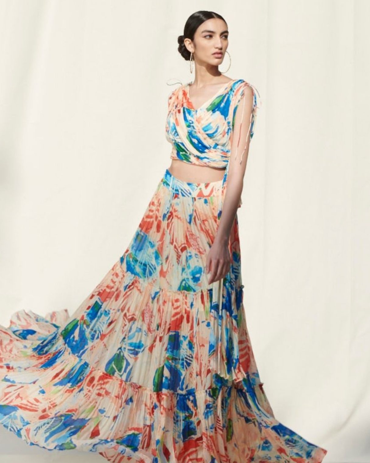 Printed Chiffon Tier Skirt Paired With Assymetrical Draped Crop Top