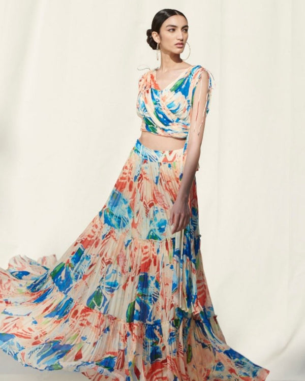 Printed Chiffon Tier Skirt Paired With Assymetrical Draped Crop Top for ...