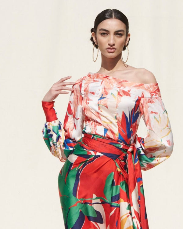 Printed Crepe Satin Top With Wrap Skirt