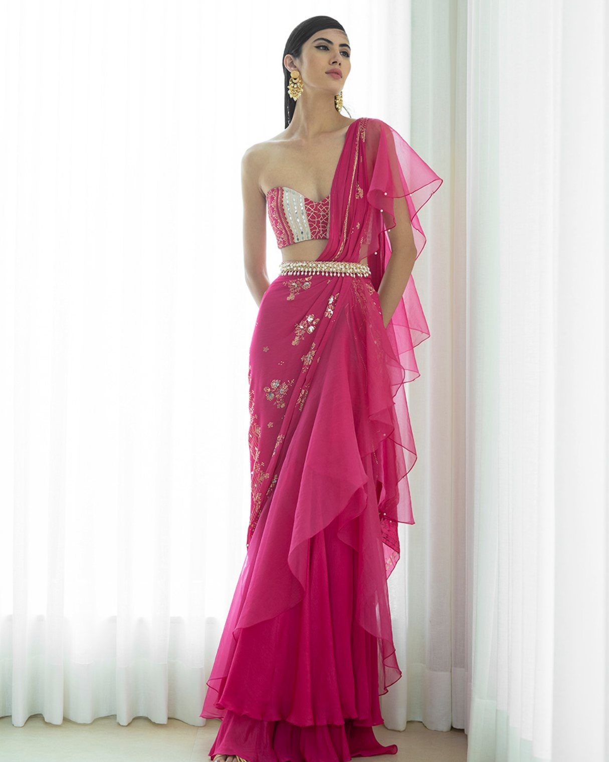 Foil Printed Draped Saree Styles With Bustier And Belt