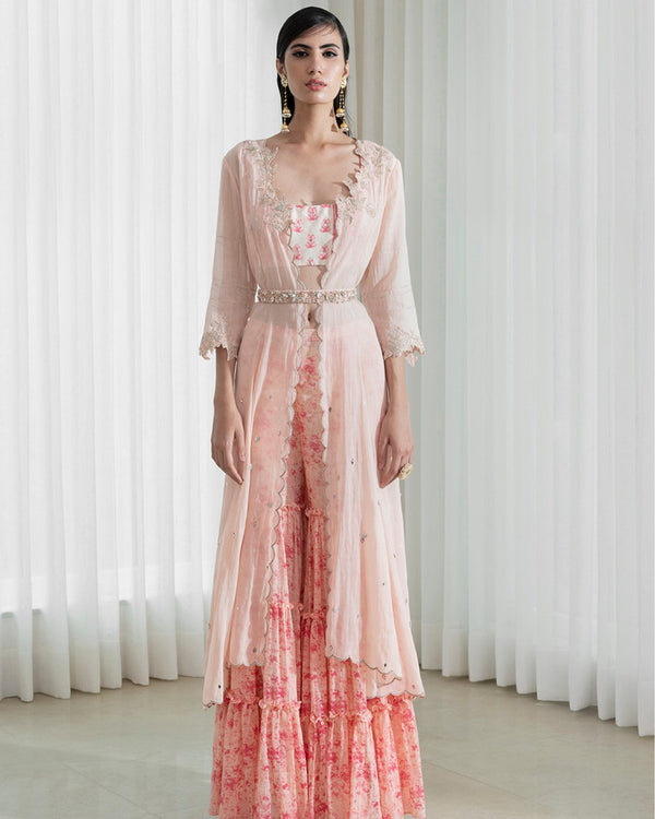 Jacket-sharara set with printed blouse