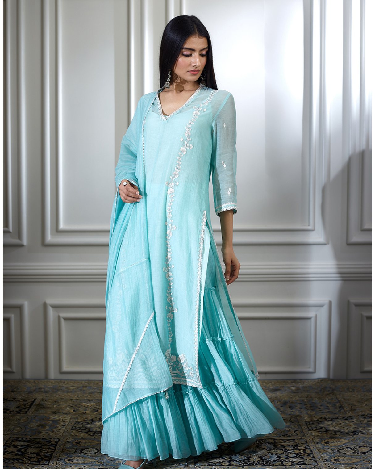 Aqua embroidered kurta with tiered sharara and lace detailing