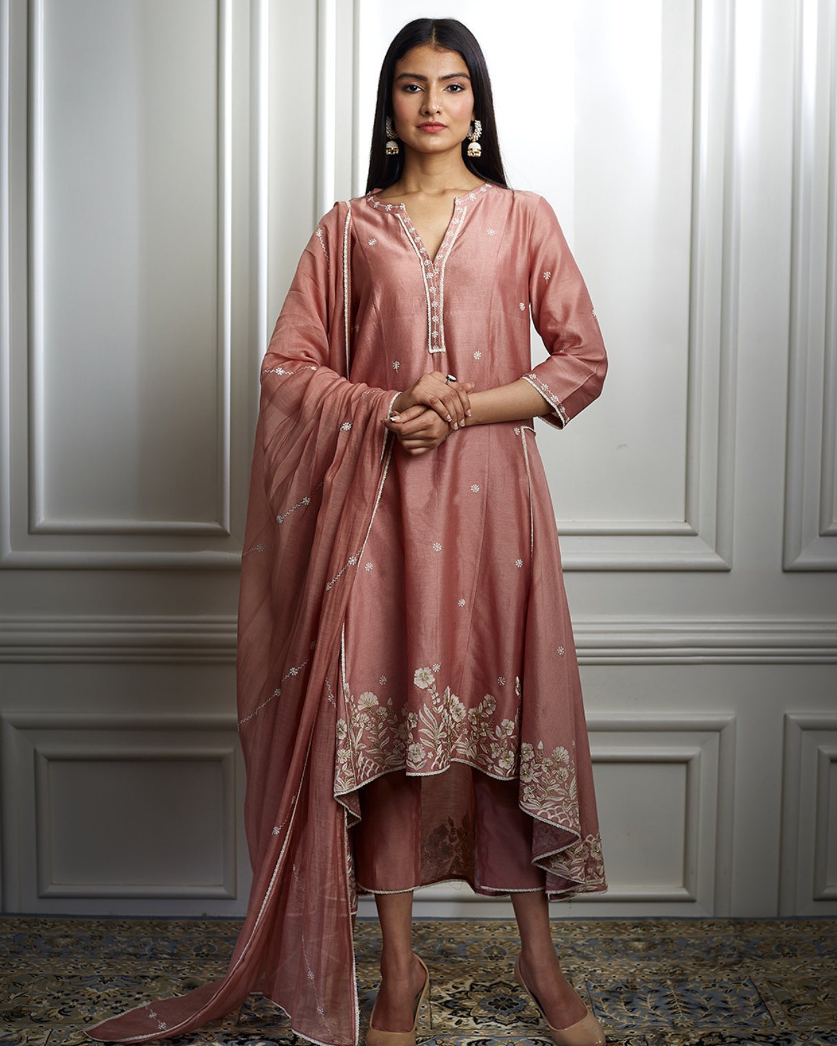 Dusty Pink Embroidered High Low Kurta Set