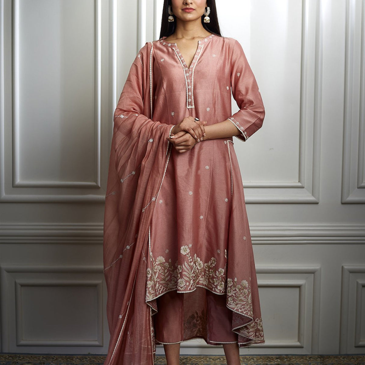 Dusty Pink Embroidered High Low Kurta Set for women by Mandira Wirk