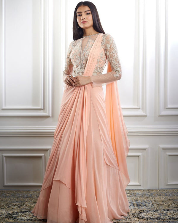 Peach drape dori embroidered saree