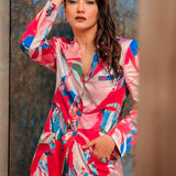 Gauahar Khan - Red & Beige Abstract Satin Jacket Set