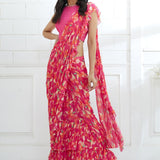 Fuchsia Embroidered Printed Ruffle Saree Set