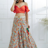 Orange Off Shoulder Printed Lehenga