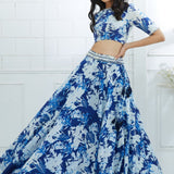 Blue Printed Embroidered Blouse And Lehenga
