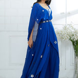 Blue Printed Blouse With Ombre Cape Set