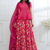Fuchsia Embroidered Peplum With Printed Lehenga