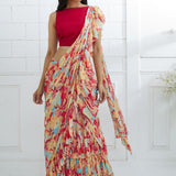 Red Embroidered Printed Ruffle Saree