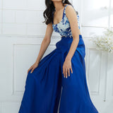 Blue Printed Blouse With Ombre Pleated Palazzo