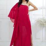 One Shoulder Rani Pink Dress With Side Slit