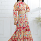 Multicolor Embroidered Top With Tiered Lehenga
