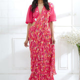 Fuchsia Embroidered Ruffle Saree Set