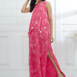 Fuchsia Printed Cape Dress With Side Slit